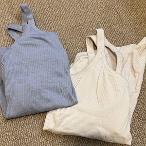 Women's Ribbed Tank Tops - Blue and Cream